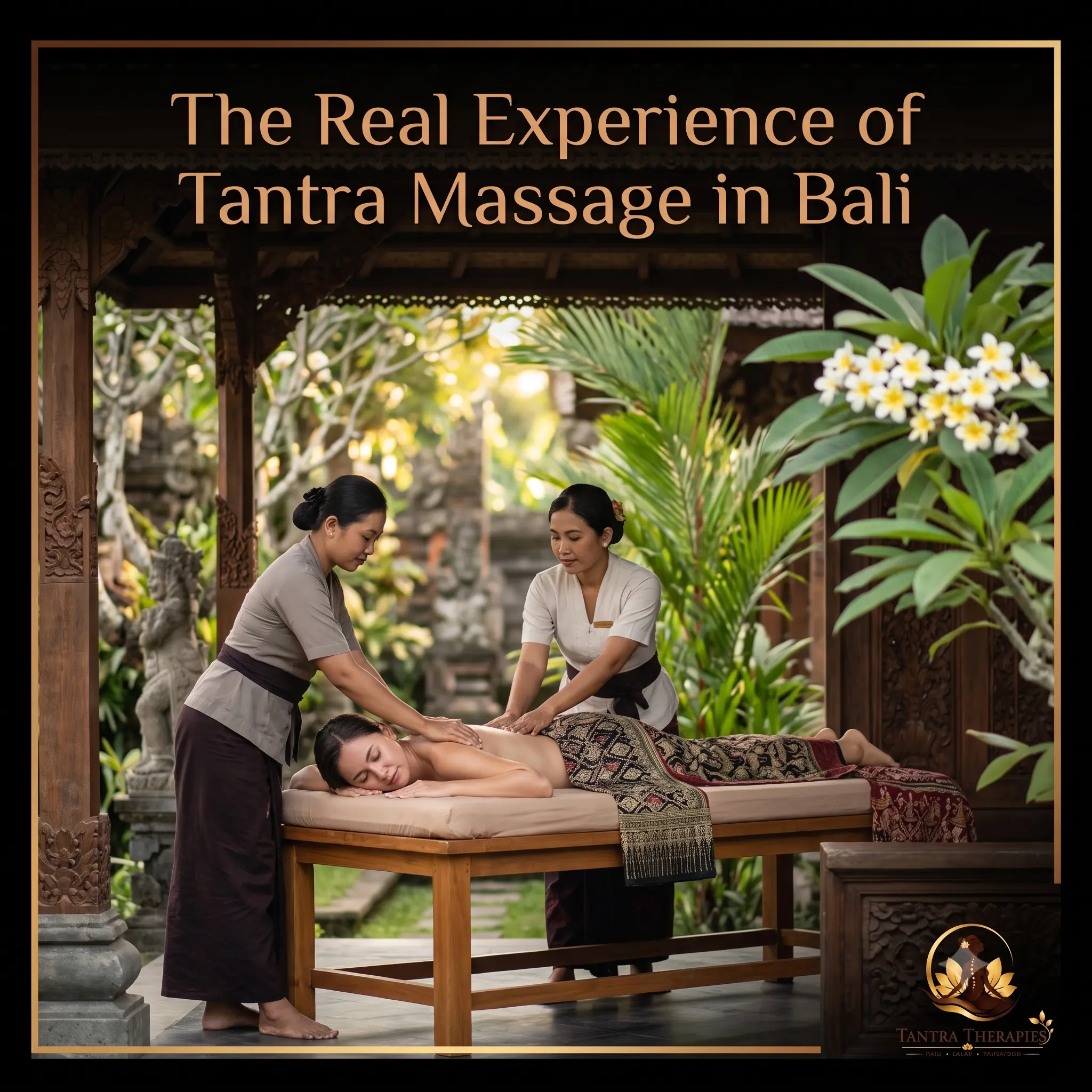 Serene massage room at TantraTherapies.com Bali center featuring warm ambient lighting and tropical flower decorations for a Tantra therapy session
