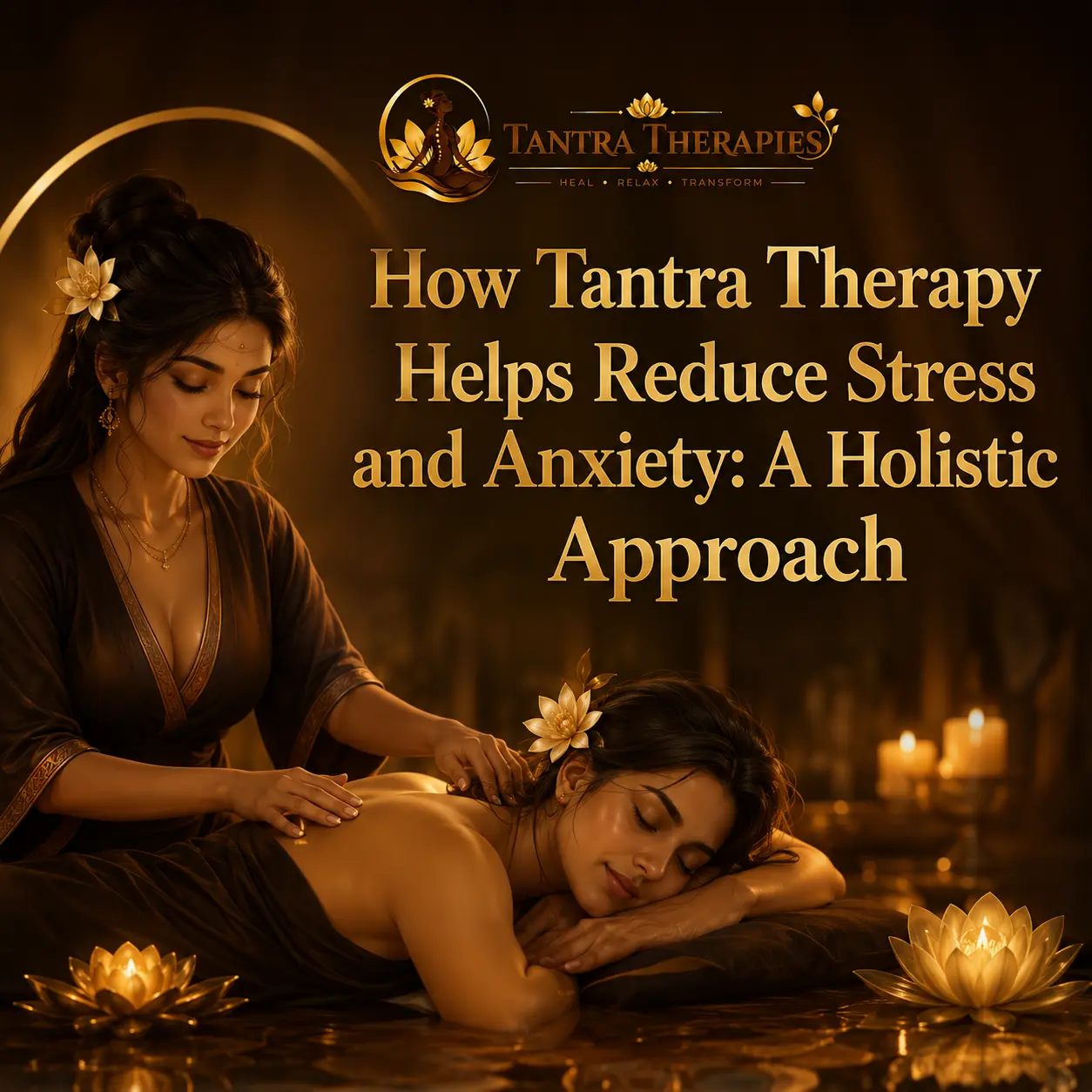 A serene and calming wellness center room where a client experiences stress relief through Tantra Therapy